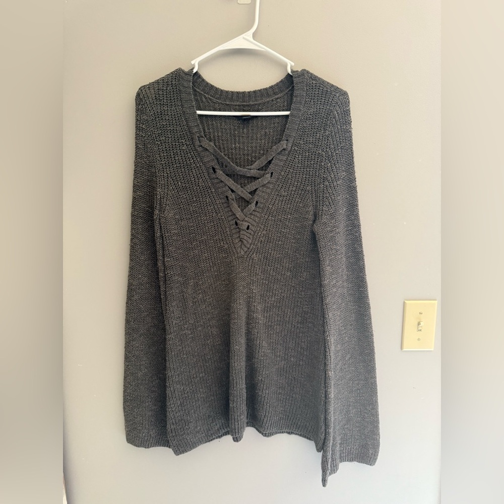 American Eagle Knit Sweater Woman’s SZ S Oversized Lace Up Bell Sleeve Gray Boho